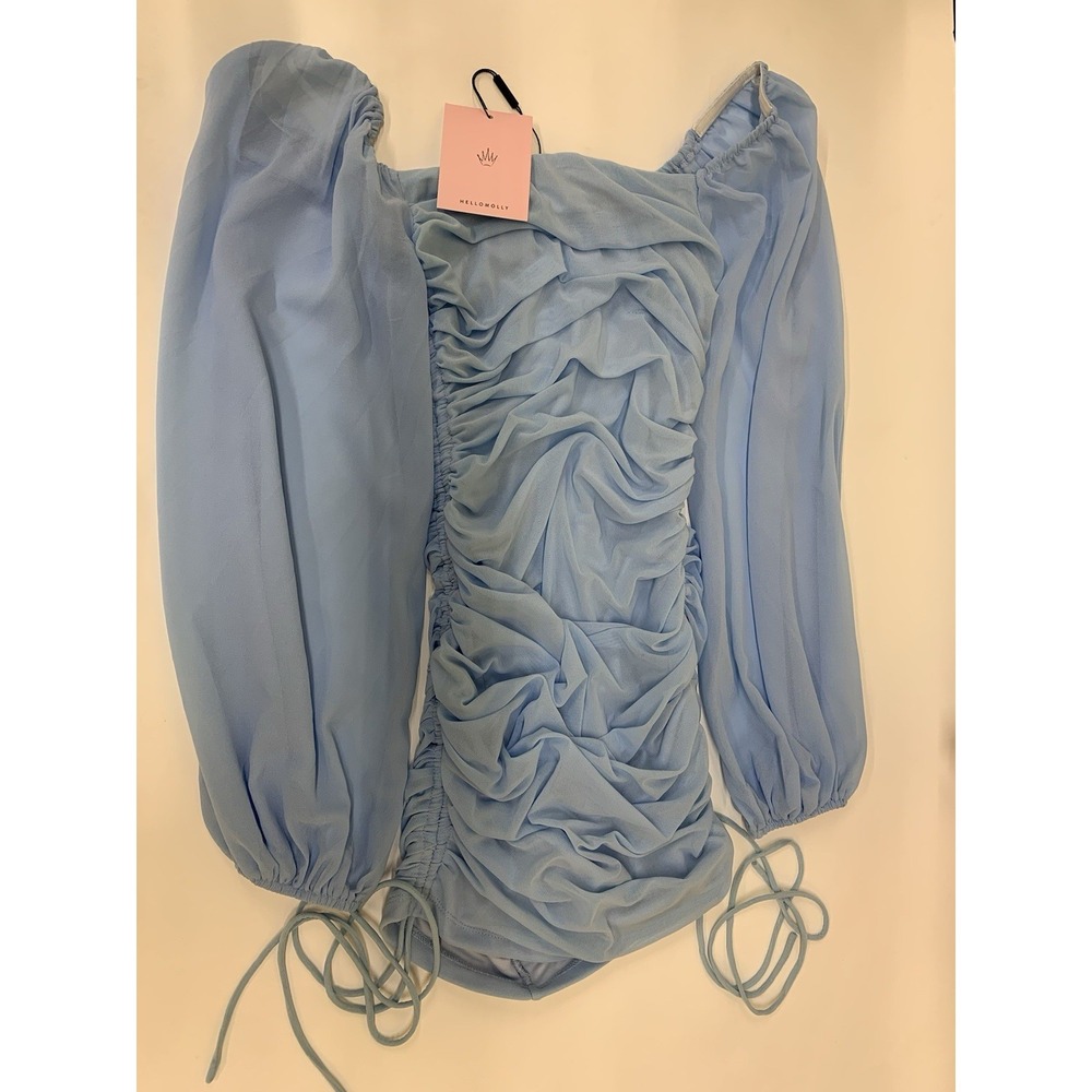 Hello Molly Tangy Bellini Ruched Blue Mini Dress Size S Long Sleeve